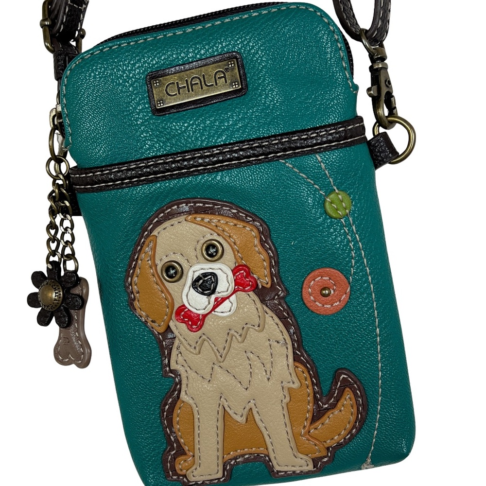 CHALA Crossbody Cell Phone Purse Teal Vegan Pebbled Leather Dog With a Bone